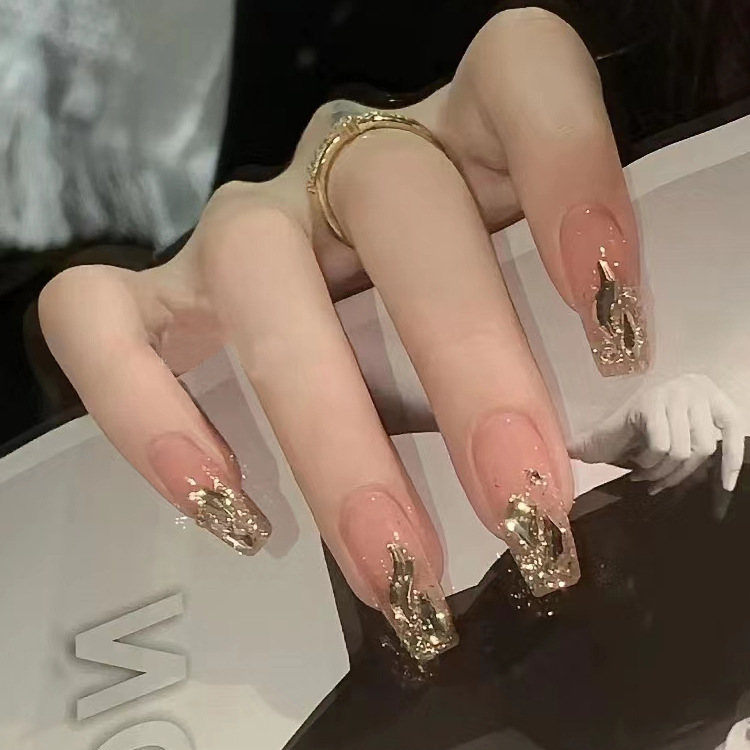 High-grade gold foil hot girl white manicure fake nail wear nail finished champagne flash diamond nail patch wholesale