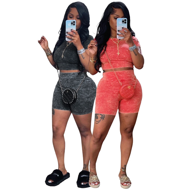 HR24025 European and American Fashion Women's Skin-friendly Cotton Fabric Wash Water Fried Flowers Old High Waist Two-piece Set