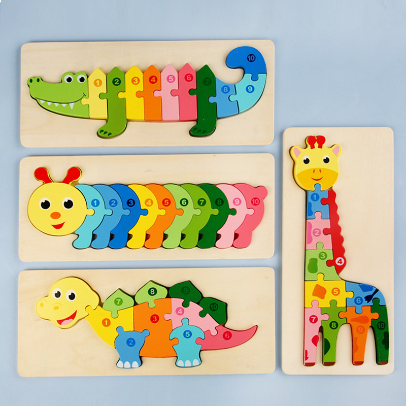 Large cartoon digital animal puzzle card button children's digital cognitive enlightenment puzzle wooden toy