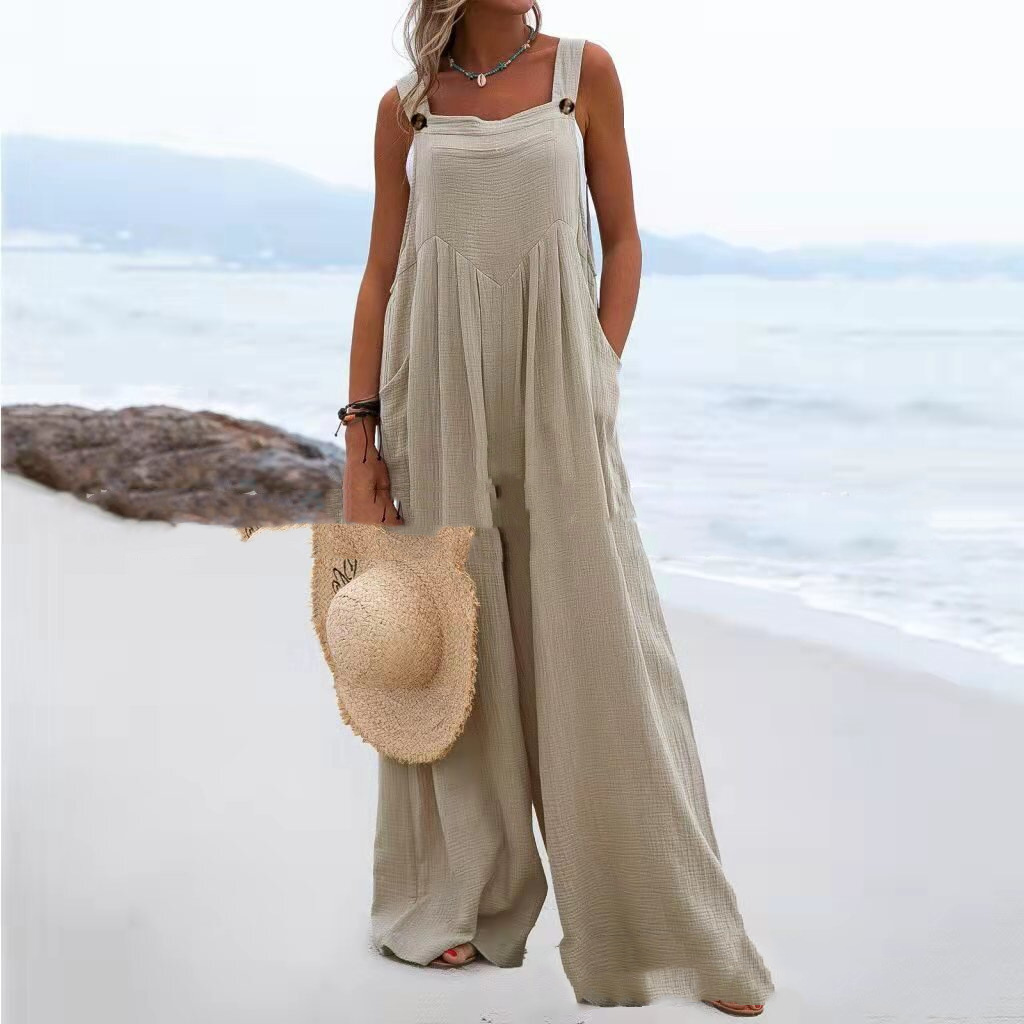 In stock Summer new women's fashion ethnic style solid color button sling jumpsuit wide leg pants trousers C111