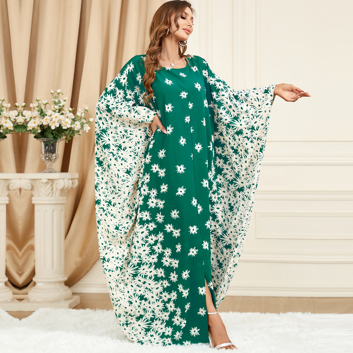 3421 Muslim Middle East Cross-border Trade Clothing Green Bat Sleeve Loose Fashion Large Size Dress
