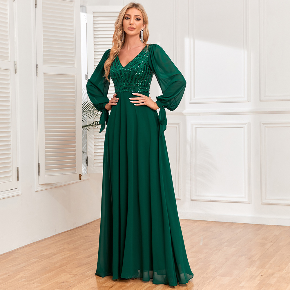 New long sleeve lace-up high quality pairs V-neck sequin stitching chiffon A- line large swing full lining party evening dress