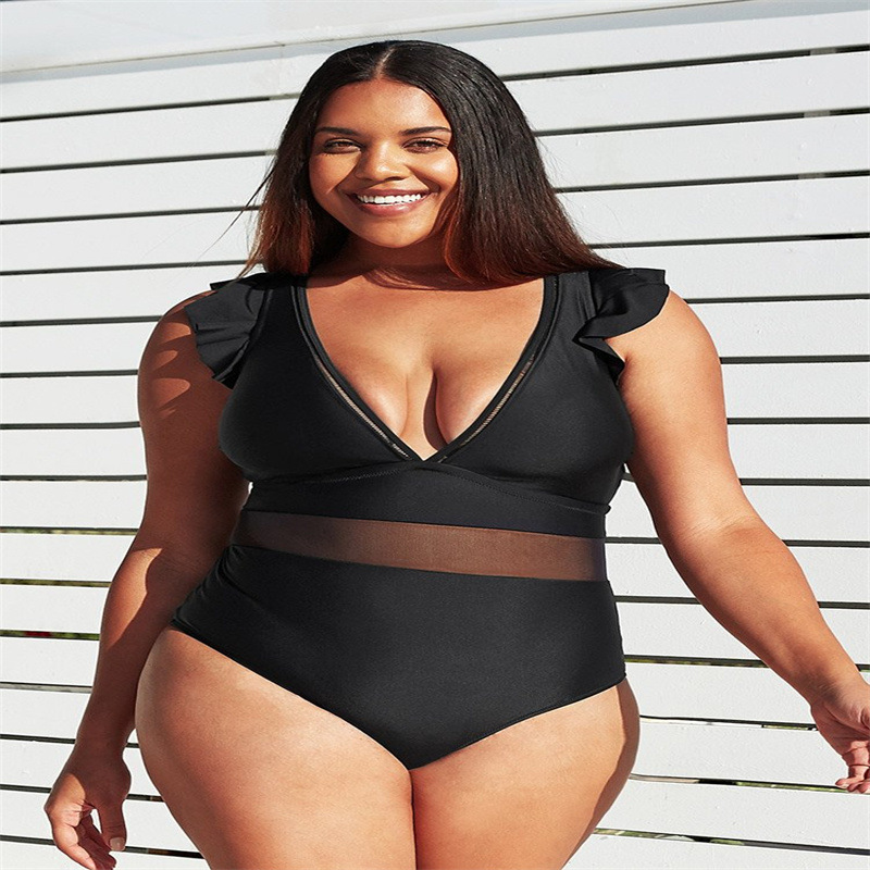 Cross-border New European and American Women's Fat-added one-piece Swimsuit Solid Color Mesh Stitching plus size Swimsuit AliExpress bikini