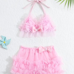 70-100 children's bow mesh skirt with lace shoulder strap lace bright Beach Water Park swimsuit