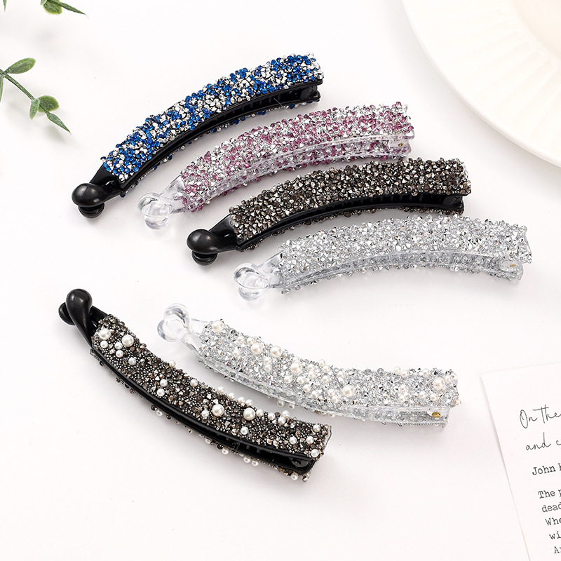 Cross-border Hot Sale Broken Diamond Pearl Hair Banana Clip Light Luxury Full Diamond High-end Fashion Pony Tail Clip Hair Accessories Hair Clip_voghion.com