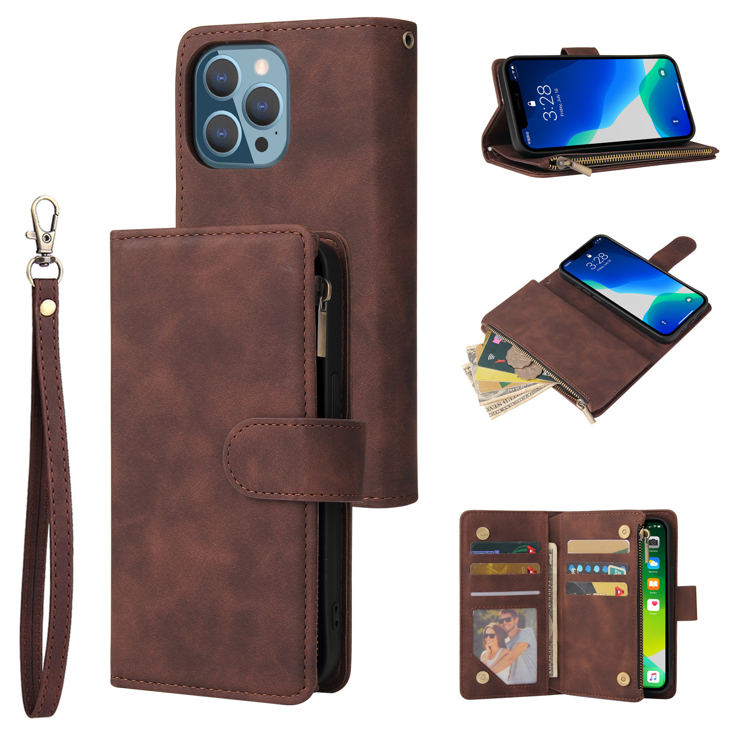 Suitable for Apple 16E Multi Card Zipper iPhone16pro Max Card Phone Leather Case