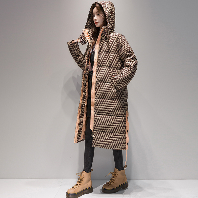 Hooded plaid over-the-knee long Internet celebrity fashion loose and versatile temperament plaid women's mid-length down jacket for women trendy