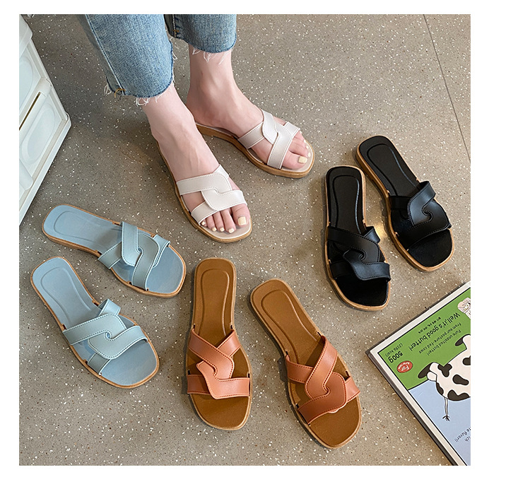 Fashionable Women's Summer Cross-strap Flat Sandals Soft-soled Outer Wear One-strap Simple Beach Slippers