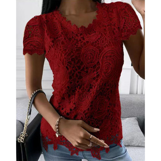 Independent station Amazon 2022 summer new women's clothing Europe and the United States cross-border foreign trade new lace shirt short sleeve top