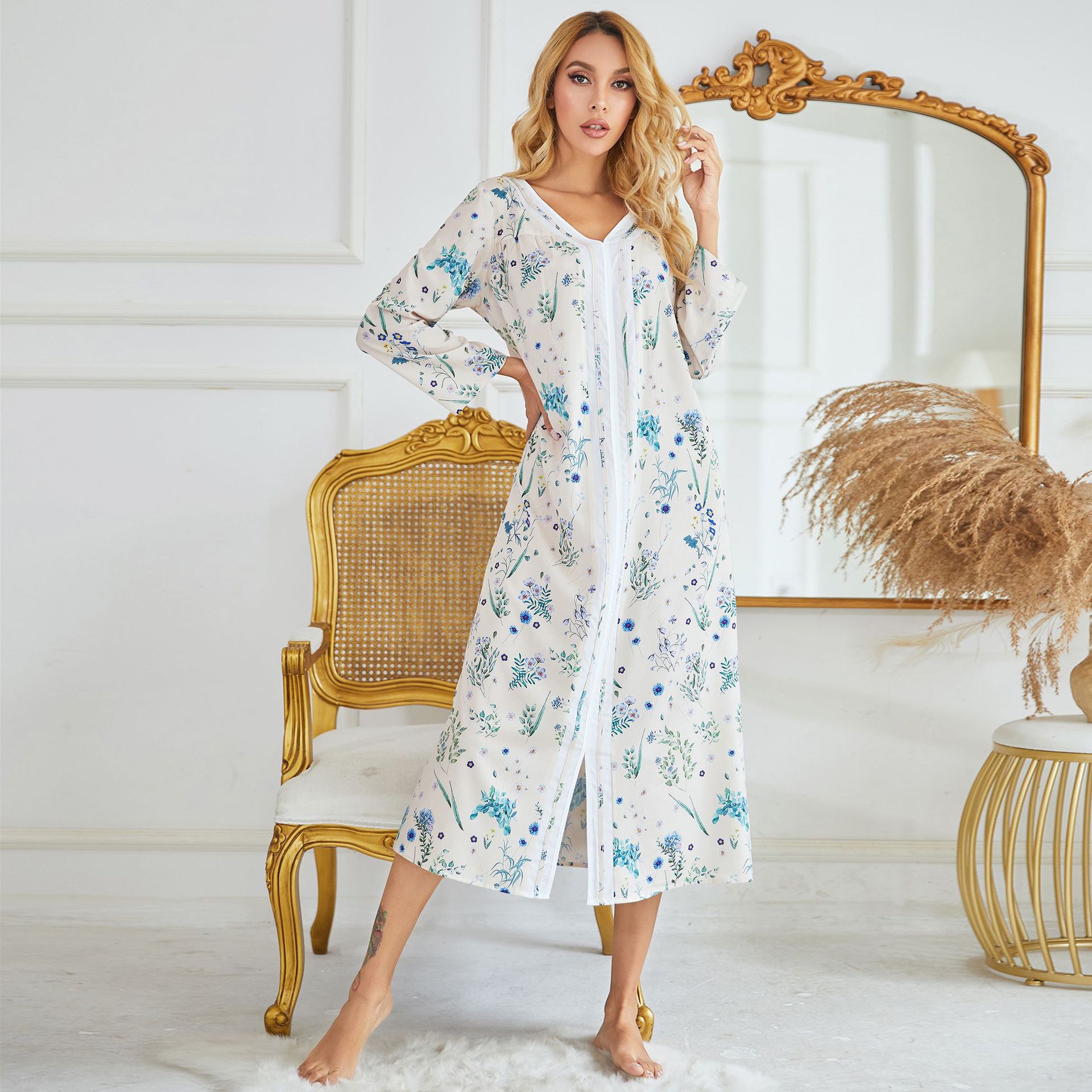 Cross-border Autumn and Winter European and American Women's Home Clothes Pajamas Woven Printed Long Sleeve Long Skirt Pullover Home Split Nightgown Women