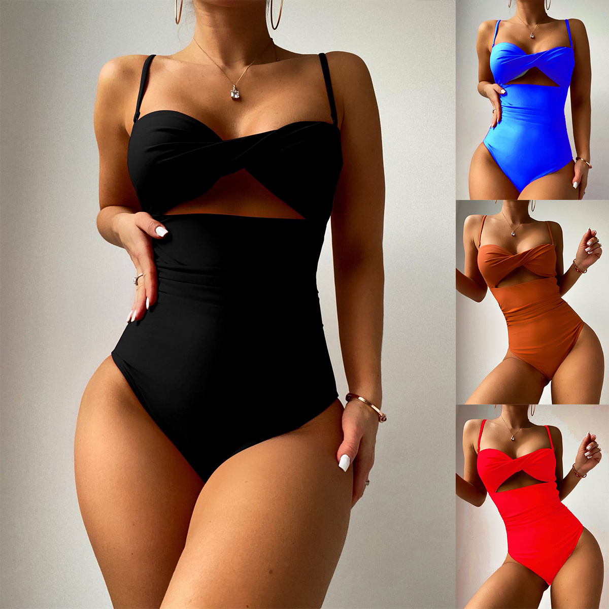 2023 new one-piece swimsuit nylon solid color multi-color twist bag hollow back buckle sexy bikini a generation of hair