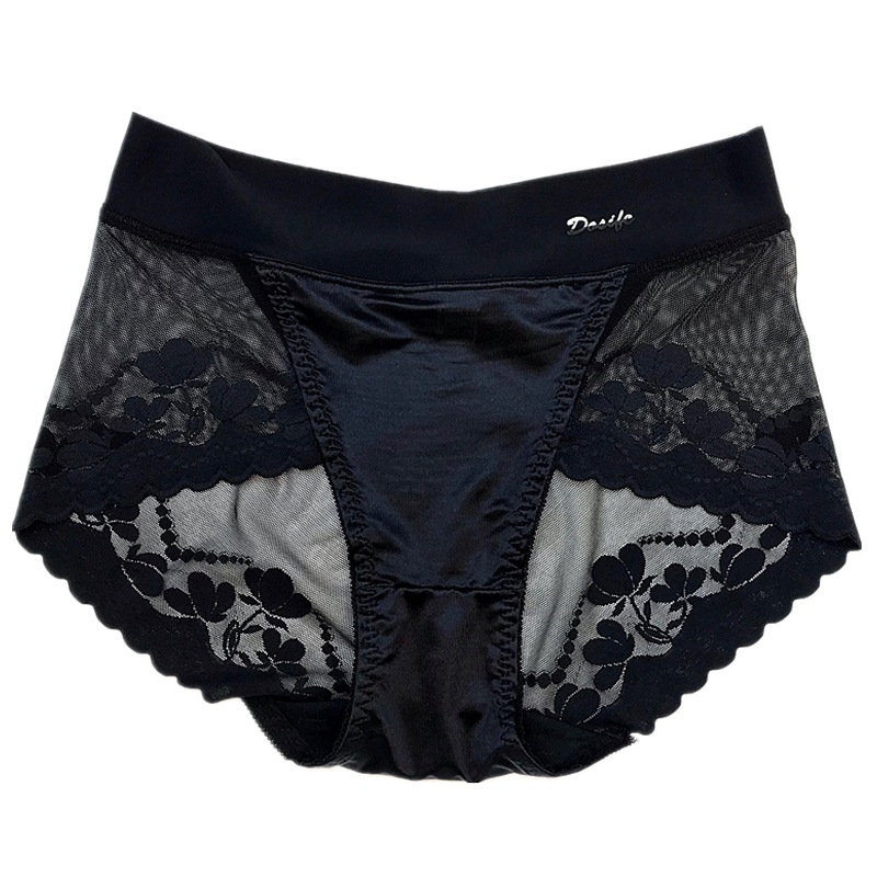 High-end Satin Light Luxury Lace Large Size High Waist Abdominal Panties Women's Hip Breathable Mesh Pure Cotton Crotch Briefs