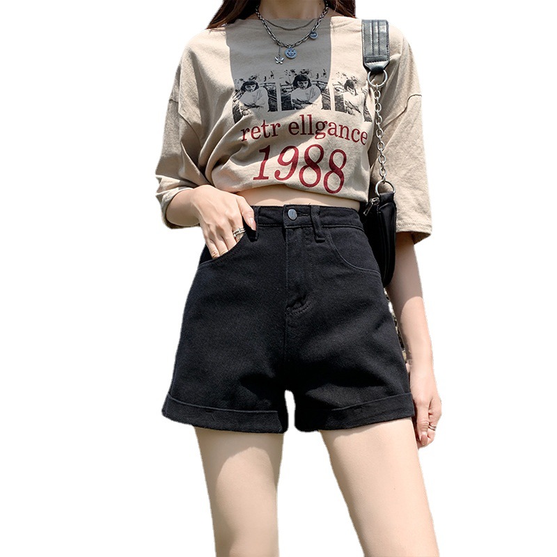 Black Curled Denim Shorts Women's 2023 Summer New High Waist Loose Slimming Spice Girl A- Line Wide Leg Hot Pants