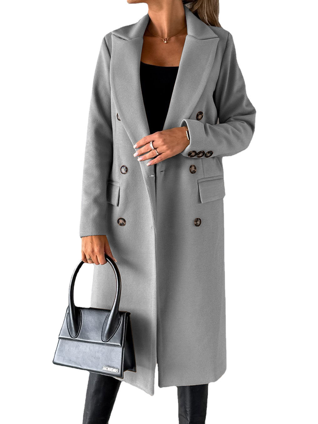 Women's Spring 2023 New Amazon cross-border coat versatile woolen coat solid color long sleeve double breasted pocket