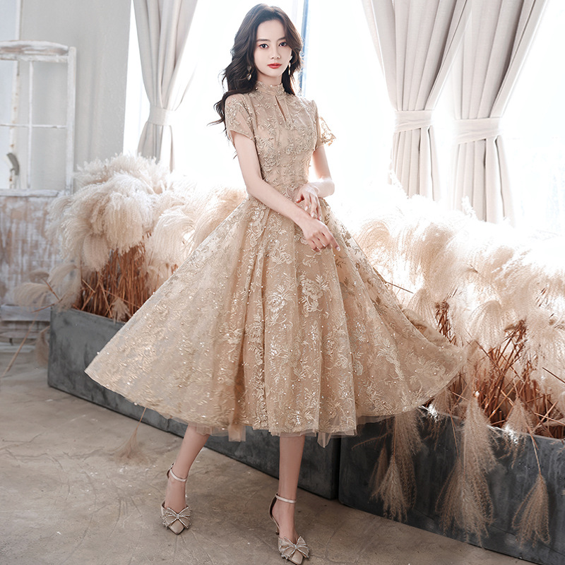 French Evening Dress for Women 2024 New Style Celebrity Party Elegant Banquet Small Man Champagne Bridesmaid Dress