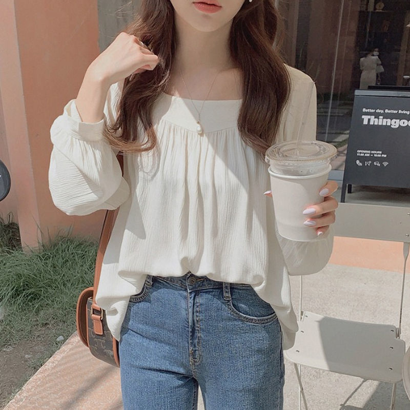 Sweet age-reducing square collar long-sleeved shirt for women 2022 New elegant French collarbone niche white chiffon shirt top