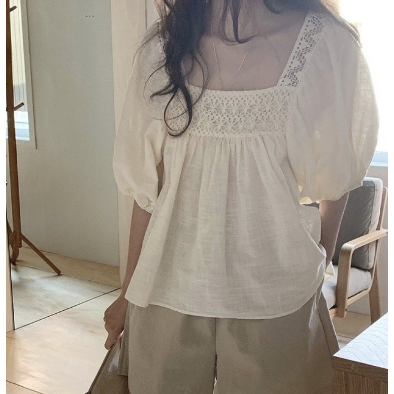 Korean chic Salt Age-reducing Hook Flower Hollow Collarbone Square Collar Doll Shirt Women's Summer New Loose Top