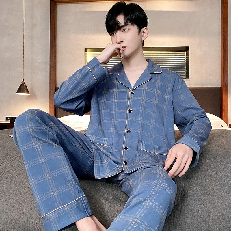 Pajamas men's spring and autumn long-sleeved casual men's plus size loose youth middle-aged temperament full set trendy home wear suit