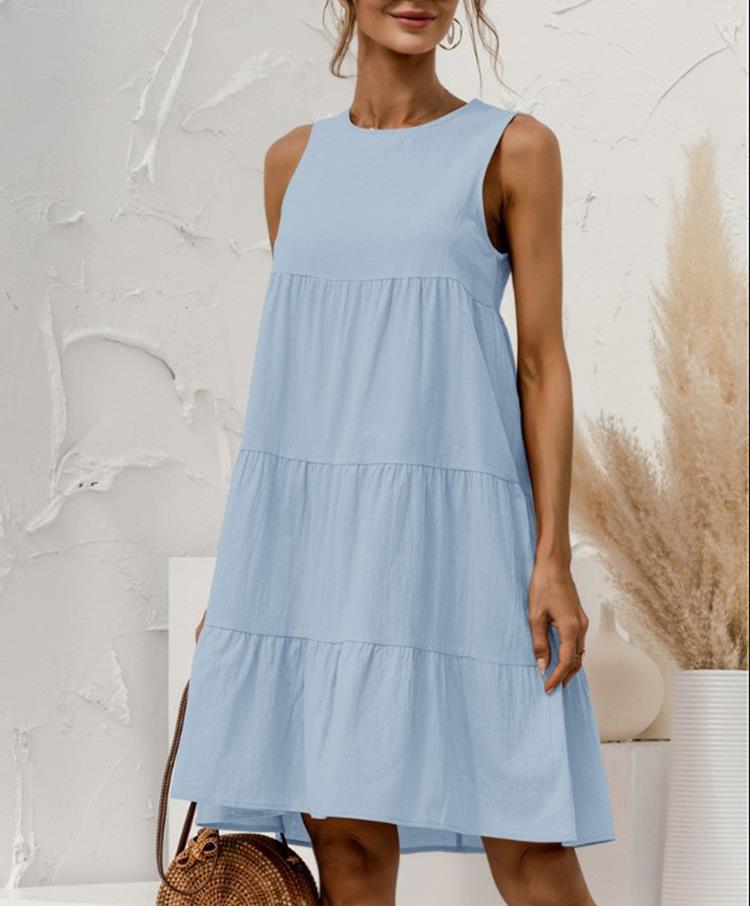 2023 Independent Station Cross-border Summer New Large Size Women's Crewneck Sleeveless Stitching Solid Color Loose Cotton and Linen Dress