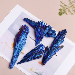 Wholesale electroplating natural black tourmaline feather stone color-plated peacock blue flame feather crystal mineral crafts raw materials