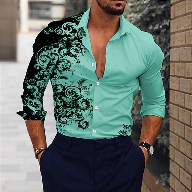 2023 cross-border foreign trade autumn new men's gradient 3D printing long sleeve shirt men's casual shirt Men's