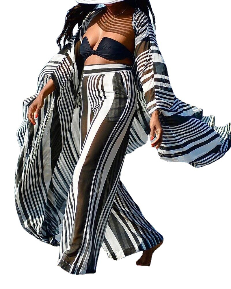 Trendy New striped suit loose plus size sense long sleeve printed temperament urban leisure stitching fashion suit
