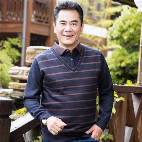 Dad spring long-sleeved T-shirt thin middle-aged men's fake two-piece clothes middle-aged and elderly men's spring and autumn top