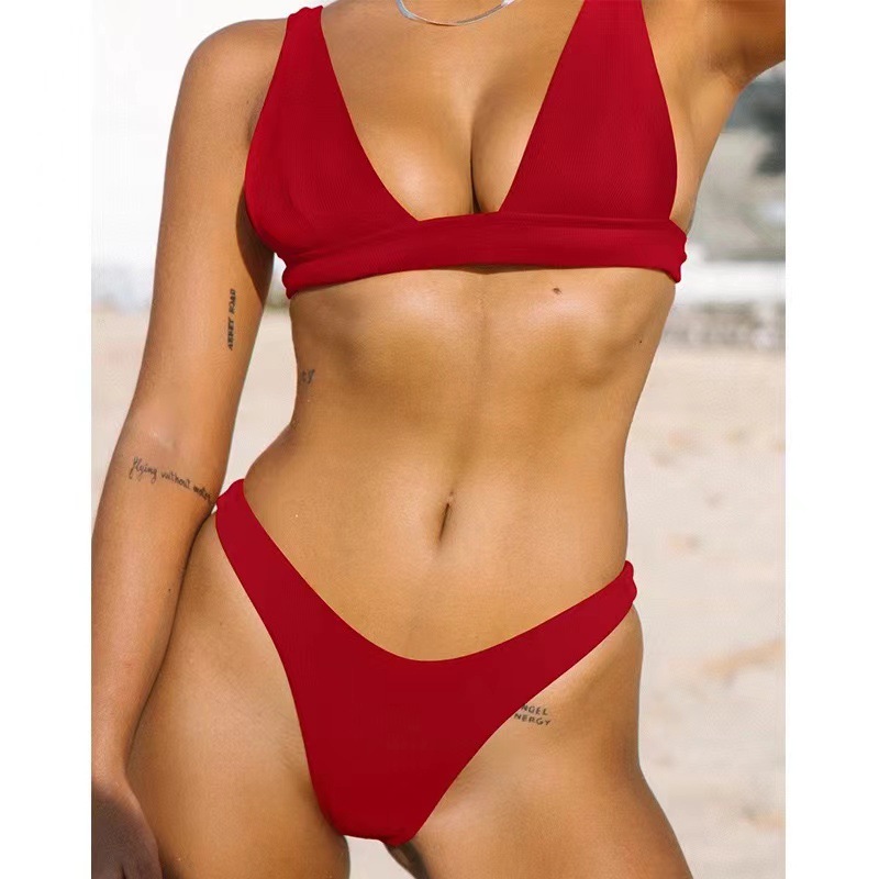 Juntong 2022 European and American New Bikini Cross-border Fashion Sexy Nylon Solid Color Double Fabric Women's Split Swimsuit