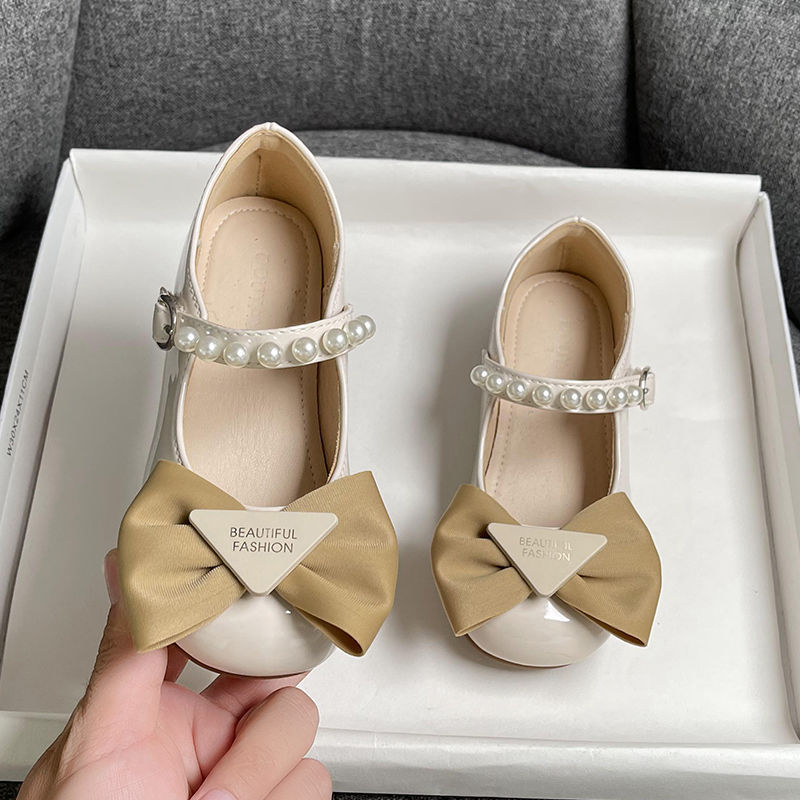 Girls' Single-layer Shoes Princess Shoes 2023 Spring and Autumn New Children's Soft-soled Shoes Summer Baby Bow Pearl Leather Shoes