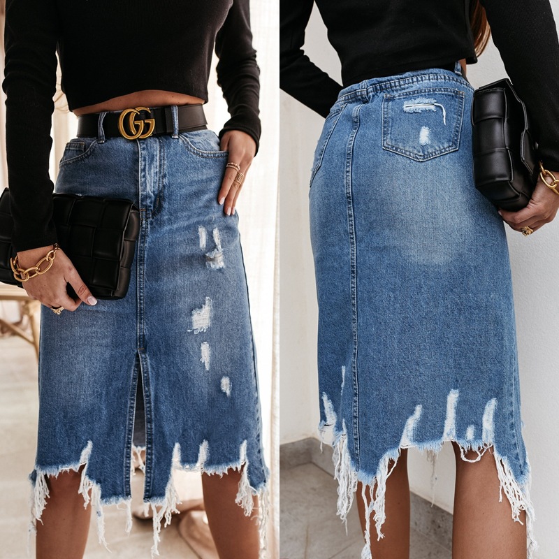 Summer New Cross-border European And American Denim Skirt Women Elegant Washed Irregular Ripped Tassel Midi Skirt ChezWe