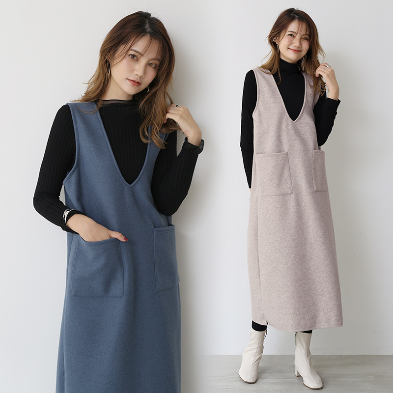 Winter Thin Japanese-style Korean-style Pullover Deep V-neck Elegant Commuting Loose Waist Mid-length Dress Solid Color Outer
