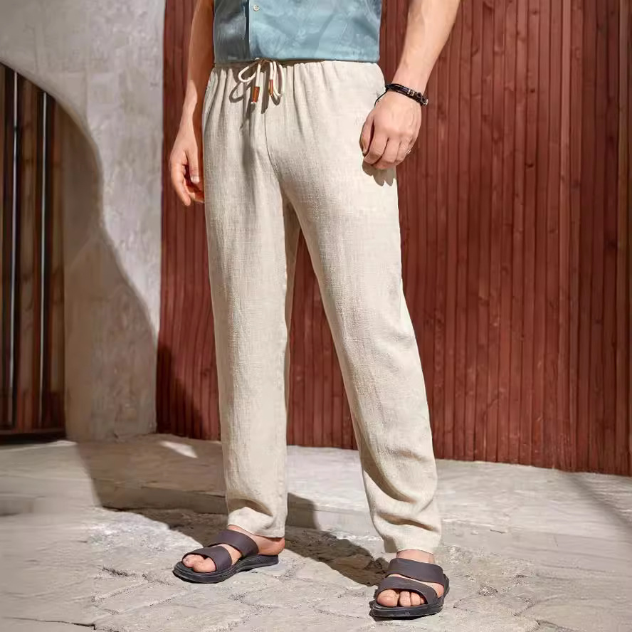 2023 Amazon independent station European and American new men's casual cotton and linen drawstring trousers