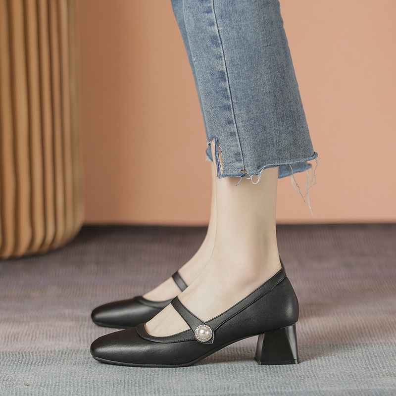 Spring 2024 New Style Square Head Soft Leather Soft Bottom Thick Heel Single-layer Shoes Women's Fashionable Internet Popular Style Women's Shoes with Mary Jane