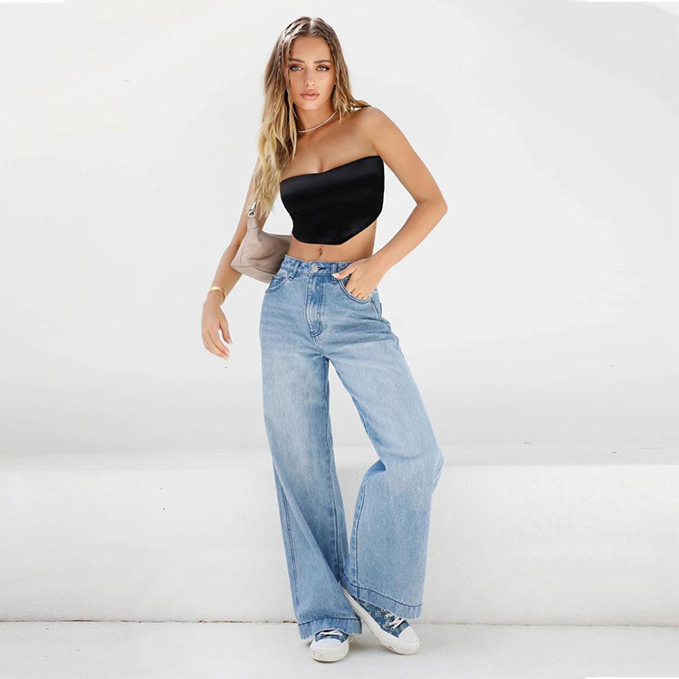 Europe and the United States 2021 high waist loose wide leg women's jeans Amazon mop jeans new one-piece hair