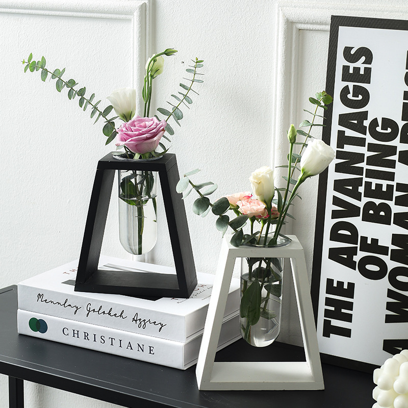 Hydroponic Vase Creative Retro Wooden Frame Small Fresh Living Room Office Simple Decorative Ornaments Desktop Green Rose Decoration