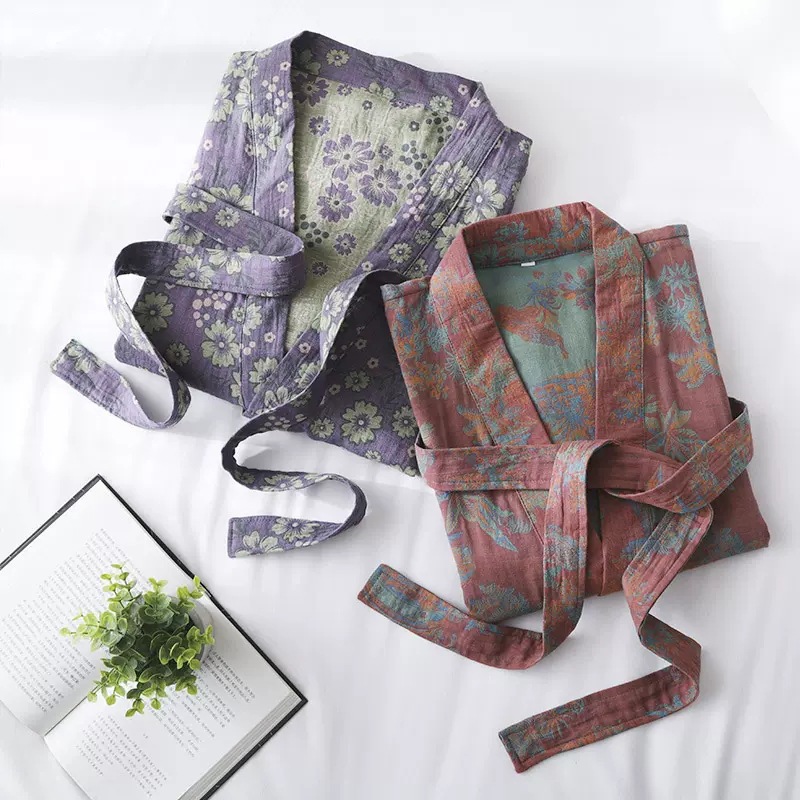Pure Cotton Bathrobe Women's Autumn and Winter Double-layer Yarn Absorbent Quick-drying Four Seasons Hotel Nightgown Beauty Salon Bathing Sweatshirt Pajamas