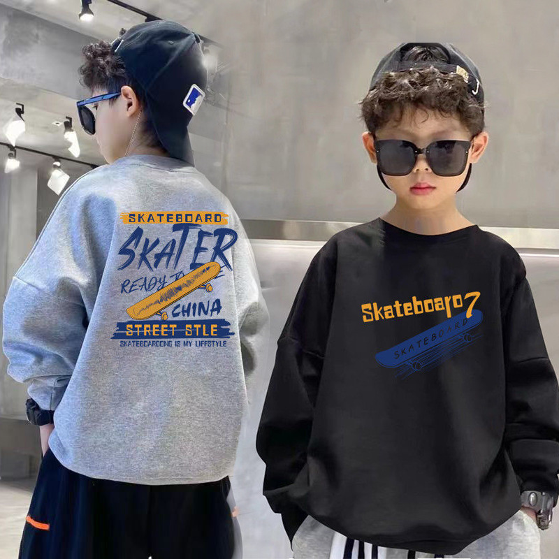 Children's Wear Boy's Pure Cotton Printed Sweater 2023 New Style Middle and Large Children's Crewneck Top Spring and Autumn Boy's Base Shirt Cool