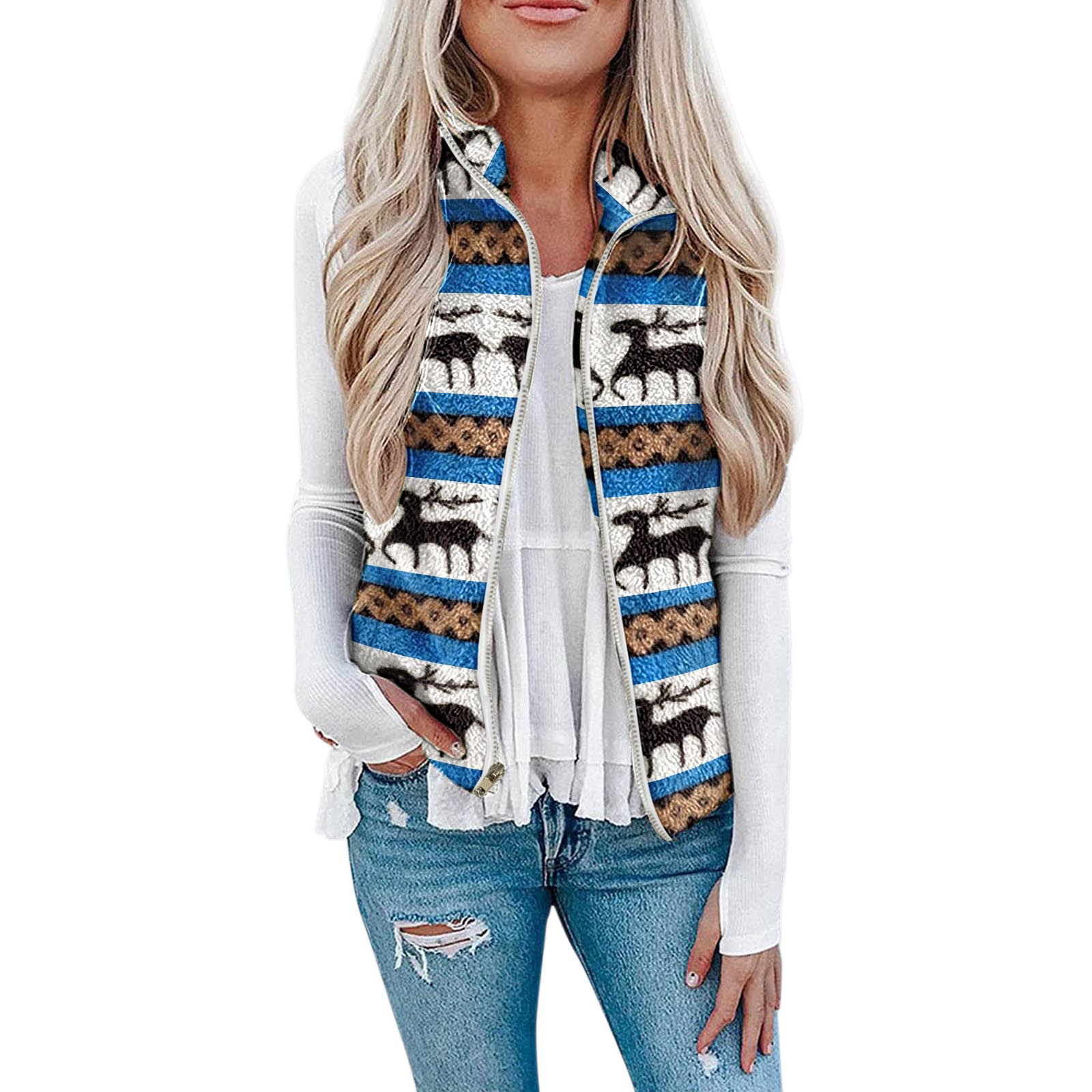 Women's 2022wish European and American Amazon pocket zipper women's Christmas top plush printed vest jacket