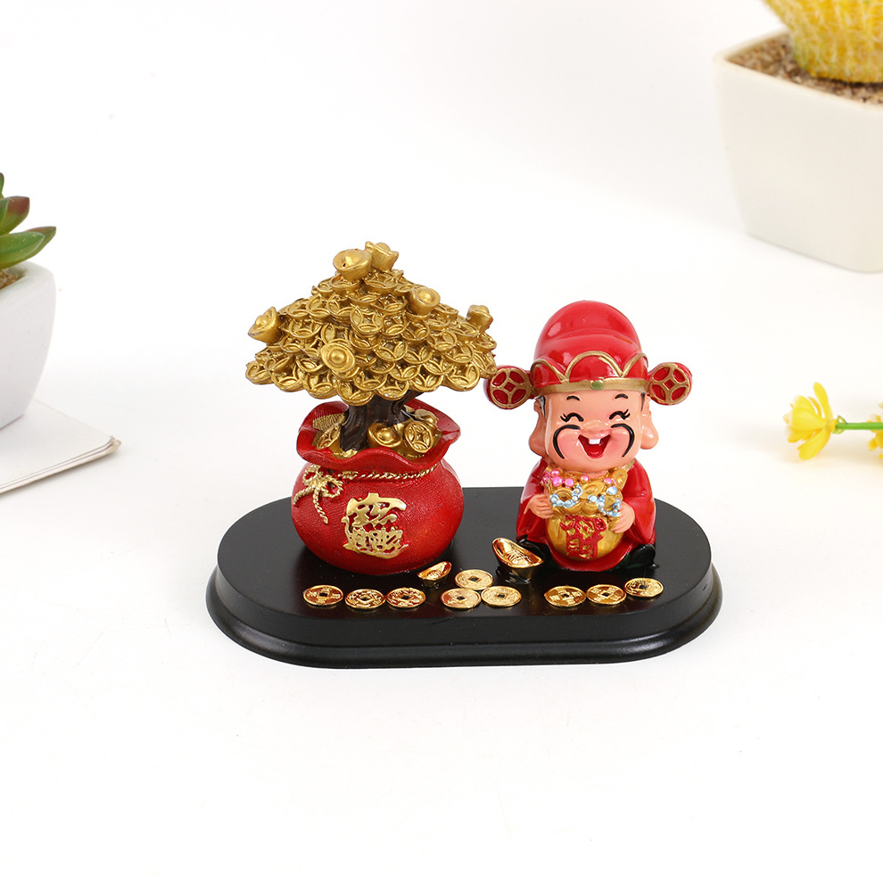 Resin God of Wealth Desktop Decorative Small Ornaments Creative Home Q Version God of Wealth Copper Money Fortune Tree Car Ornaments