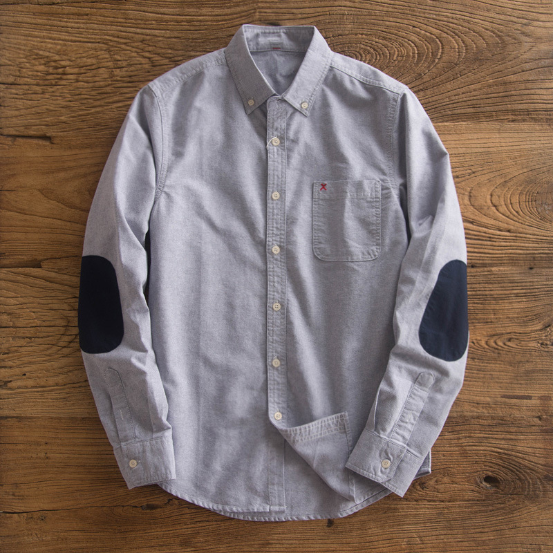 Pure Cotton Oxford Spinning Shirt Men's Long-sleeved Japanese Style Retro Elbow Patched Shirt Men's Yu Wenle Trendy Brand Top