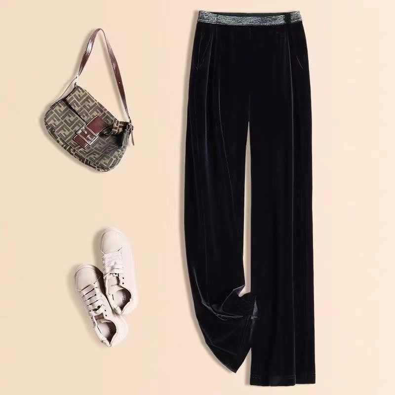 Gold velvet wide-leg pants women's casual pants spring and autumn high waist draping slimming middle-aged women's pants narrow straight pants