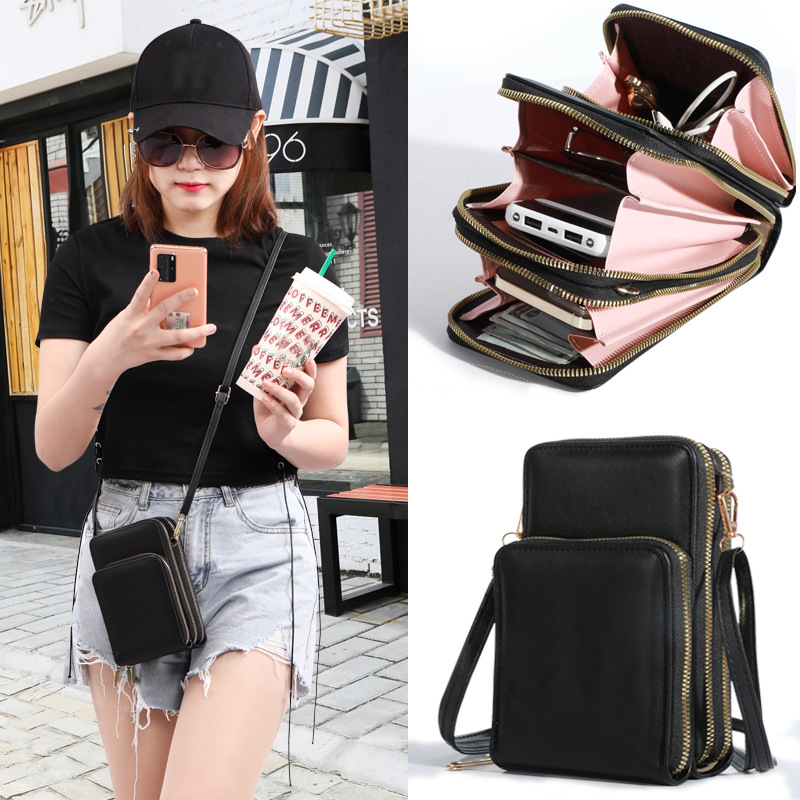 MADLEY new mobile phone bag fashion multi-functional three-layer zipper purse PU solid color large capacity shoulder small satchel