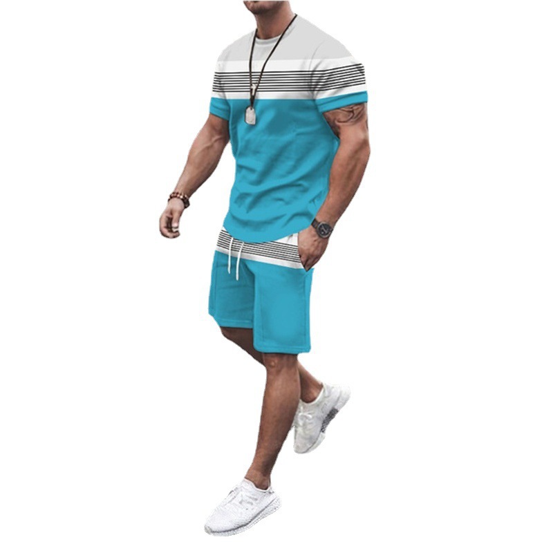 Foreign trade AliExpress men's suit summer fitness sports trend loose fashion casual T sleeve two-piece suit tide