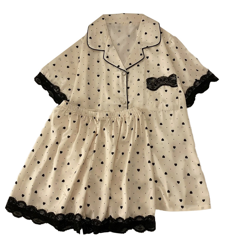 Korean-Style High-End Ice Silk Spring and Summer Thin Women's Love Cardigan Sleepwear Set, Wearable Outdoors, Home Dress Set for Women, Wholesale