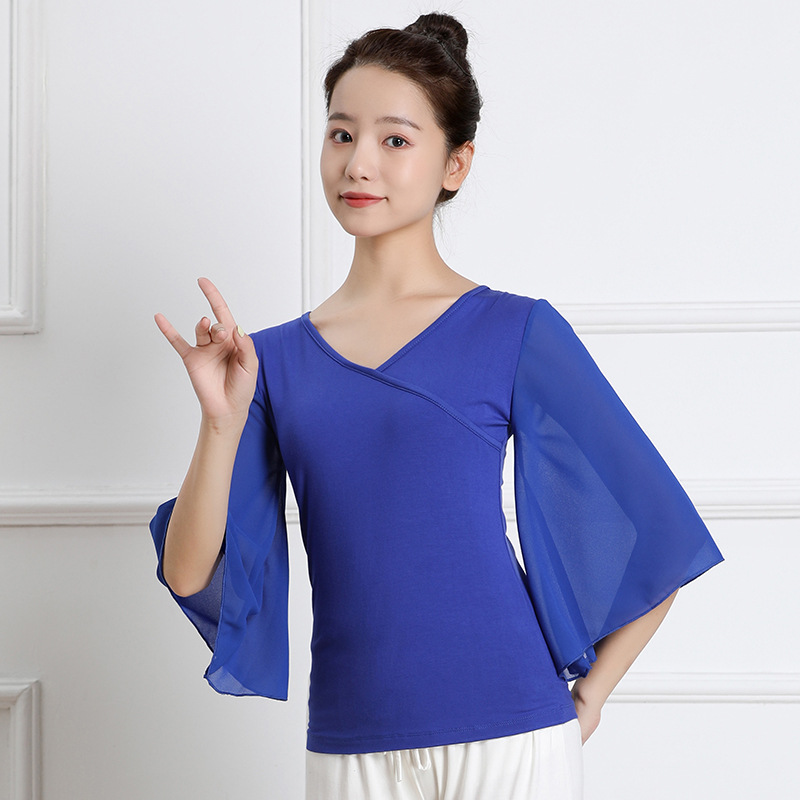 New Modal Dance Suit Chiffon Horn Gauze Sleeve Square Dance Dance Top V-Neck Team Performance Suit