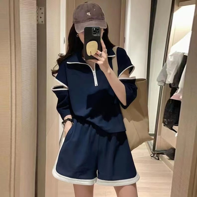 Fashion Casual Sports Suit Women's European Station Spring and Summer New Zipper Lapel Wide Leg Shorts Design Sense Two-piece Fashionable Suit