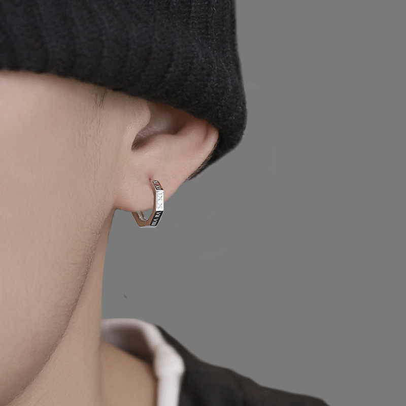 Roman Numeral Earrings Men's Trendy Personalized Trendy Men's Single Plain Ring Earrings Buckle Round Ring Earrings Niche Simple Men