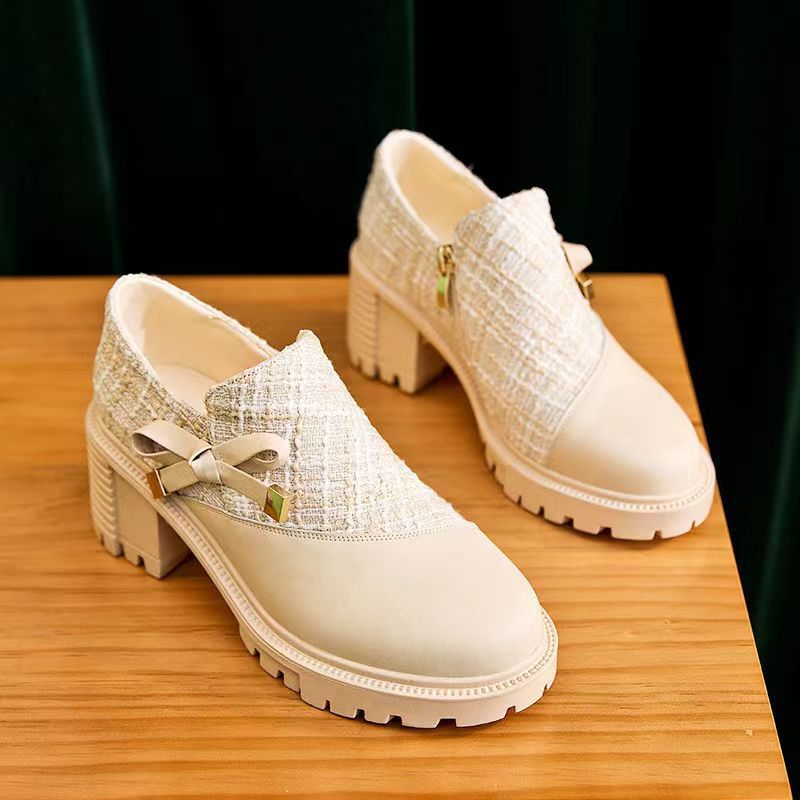 2023 Four Seasons New Solid Color Chanel Style Fashion Women's Shoes Bow Uniform Root Women's Leather Shoes