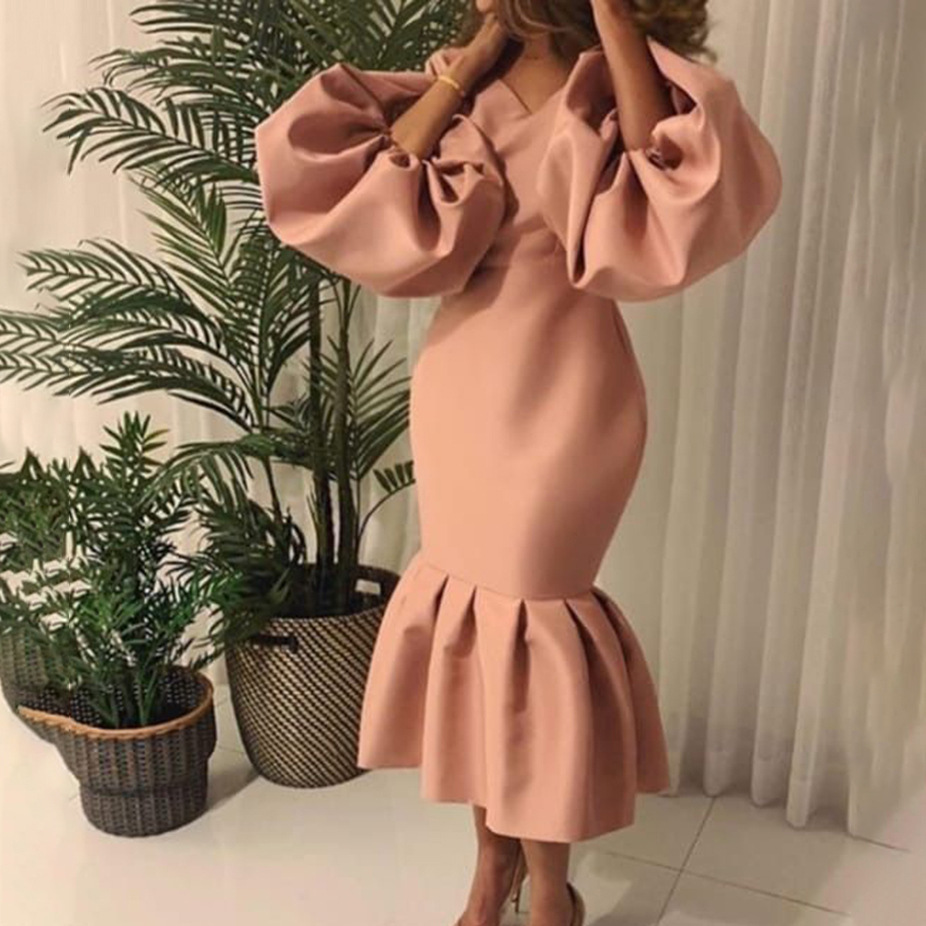 D115 Cross-border Source African Large Size Women's Fashion Solid Color V-neck Bubble Long Sleeve Fishtail Dress European and American Dress