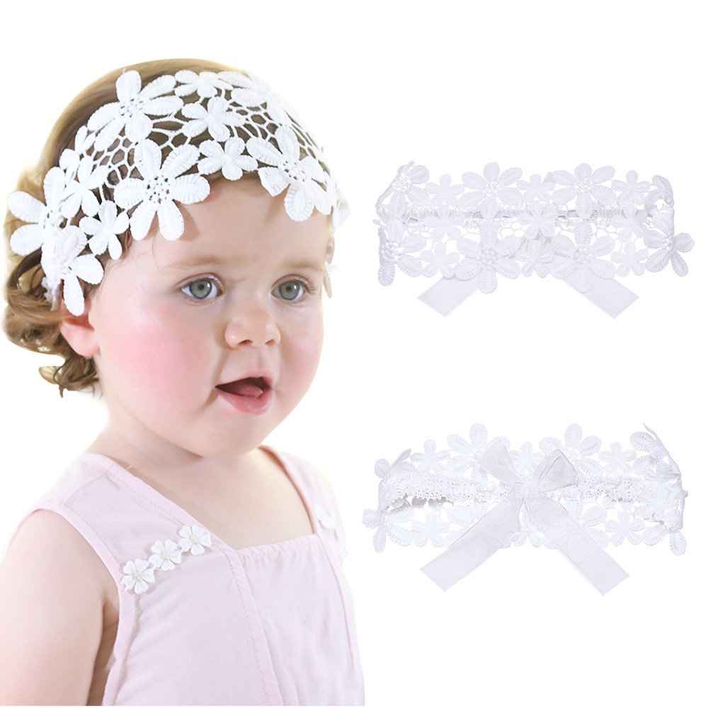 Children's White Lace Hair Band Female Baby's Hollow Flower Headband Bow Princess Hair Accessories Elastic Hair Band